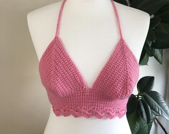 The Bobbie crochet handmade halter bralette in bubblegum pink