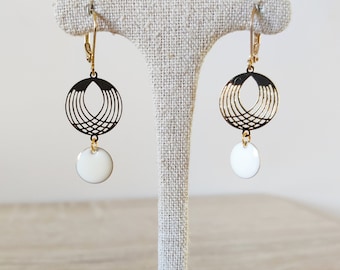 Petites boucles or et blanc, Art déco, Mariage, Cadeau femme, Anniversaire