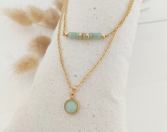 Double gold and aventurine necklace, Green aventurine stone, Gold steel necklace