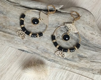 Créoles dorées pierres noires, spinelle, onyx, boucles d'oreilles créoles, cadeau fête des mères