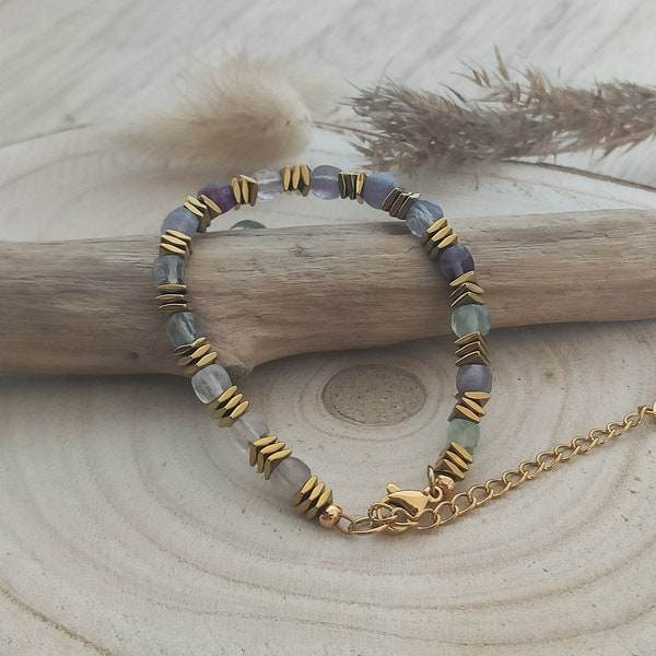 Multicolored fluorite beaded bracelet, Gold-plated hematites, Adjustable, Gold-plated stainless steel