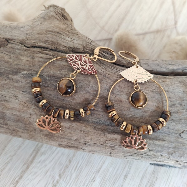 Golden and tiger's eye hoop earrings, natural stone earrings, lithotherapy jewelry