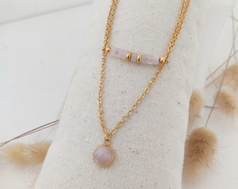 Rose quartz necklace, double gold necklace, gift idea for women