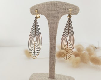 Dangling clip earrings, Long dangling drops, Gold ear clips