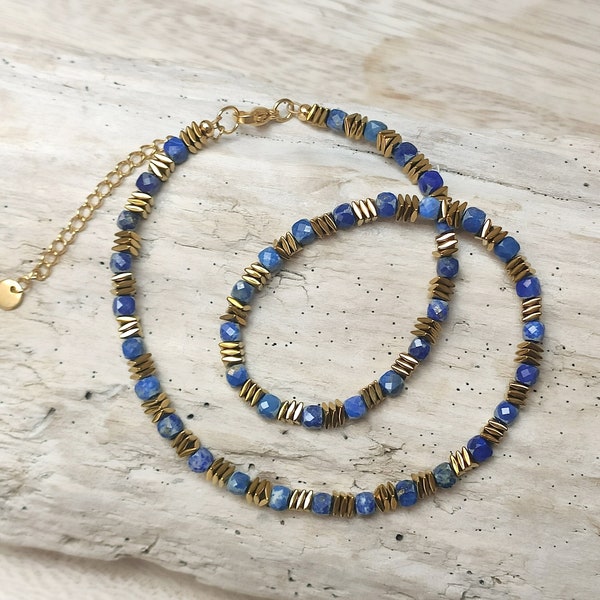 Collier Lapis lazuli, Ras de cou en perles, Collier perles bleues, Cadeau femme