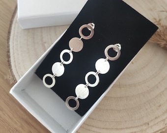 Long 925 silver earrings, solid silver, discs, circles, rings