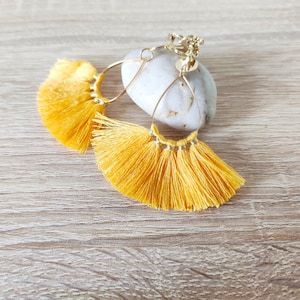 Long CLIPS earrings, pompoms on oval creole, bohemian jewelry Yellow