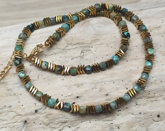 Natural stone necklace, Chrysocolla, Pearl choker, Women&#39;s gift