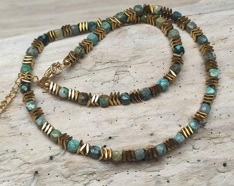 Natural chrysocolla stone necklace, Women's pearl necklace, Christmas gift