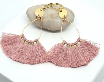 Long pompom earrings, Bohemian earrings, Old pink, Terracotta, Bordeaux