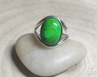 Bague en argent 925, Bague pierre ovale turquoise, Turquoise vert mohave, Bague ajustable, Bague réglable