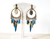 Clip on dangle earrings teal and bronze, boho style