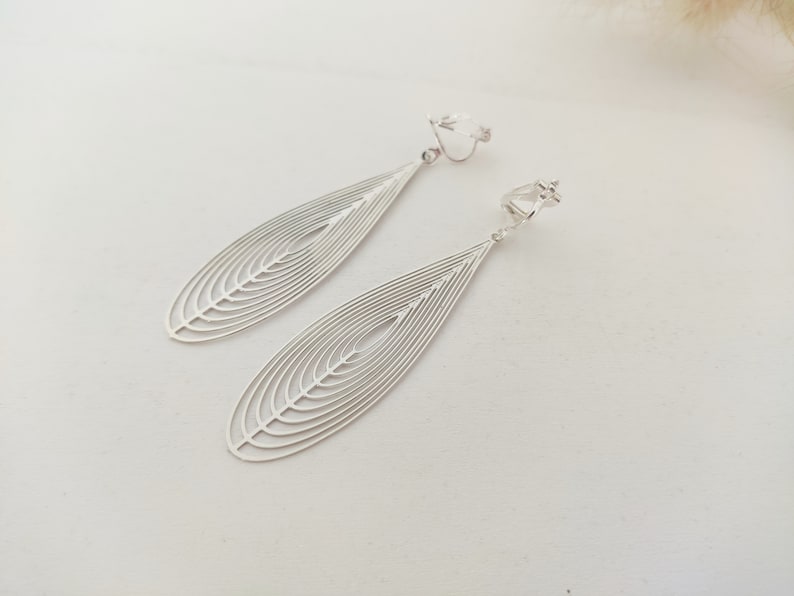 Silver ear clips, Silver clip earrings, Silver drops, Long clip earrings image 6