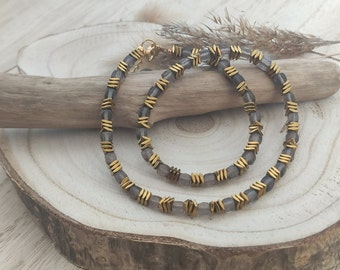 Smoky quartz necklace, pearl choker, gold-plated hematites, stainless steel