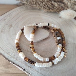 Tiger eye shell necklace – Surfer choker – Natural stone jewelry for summer