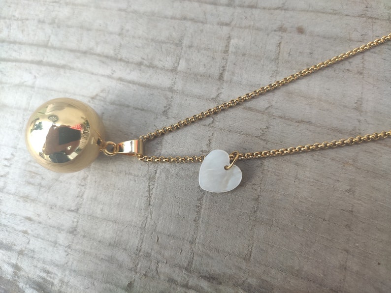 gold pregnancy bola with mother-of-pearl heart and freshwater pearl. image 6