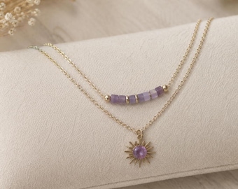 Pearl and pendant necklace, Amethyst, Sun, Stainless steel, Natural stones, Double necklace, Sun necklace