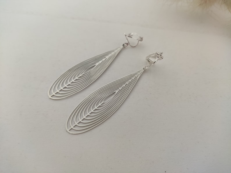 Silver ear clips, Silver clip earrings, Silver drops, Long clip earrings image 5