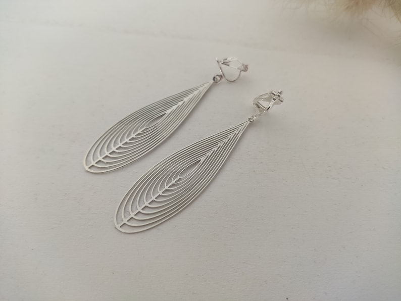 Clips d'oreilles argent, Boucles d'oreilles clips argent, Gouttes argent, Longues boucles d'oreilles clips image 5