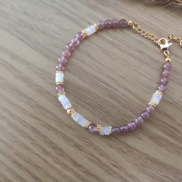 Bracelet quartz rose  et quartz fraise, Bracelet femme, Bijou quartz rose, Bracelet en pierre naturelle