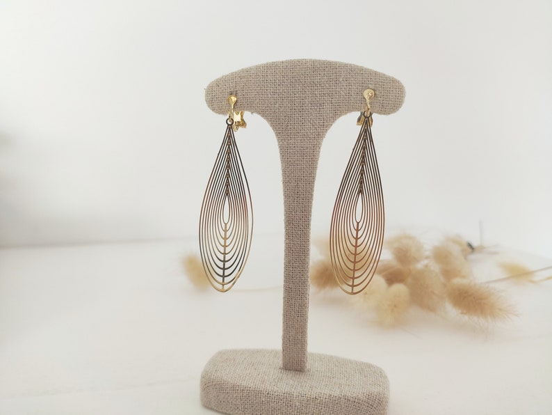 Dangling clip earrings, Long dangling drops, Gold ear clips image 1