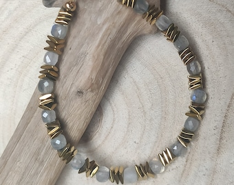 Bracelet labradorite, Hématites plaquées or,  Bracelet pierres naturelles, Bracelet perles