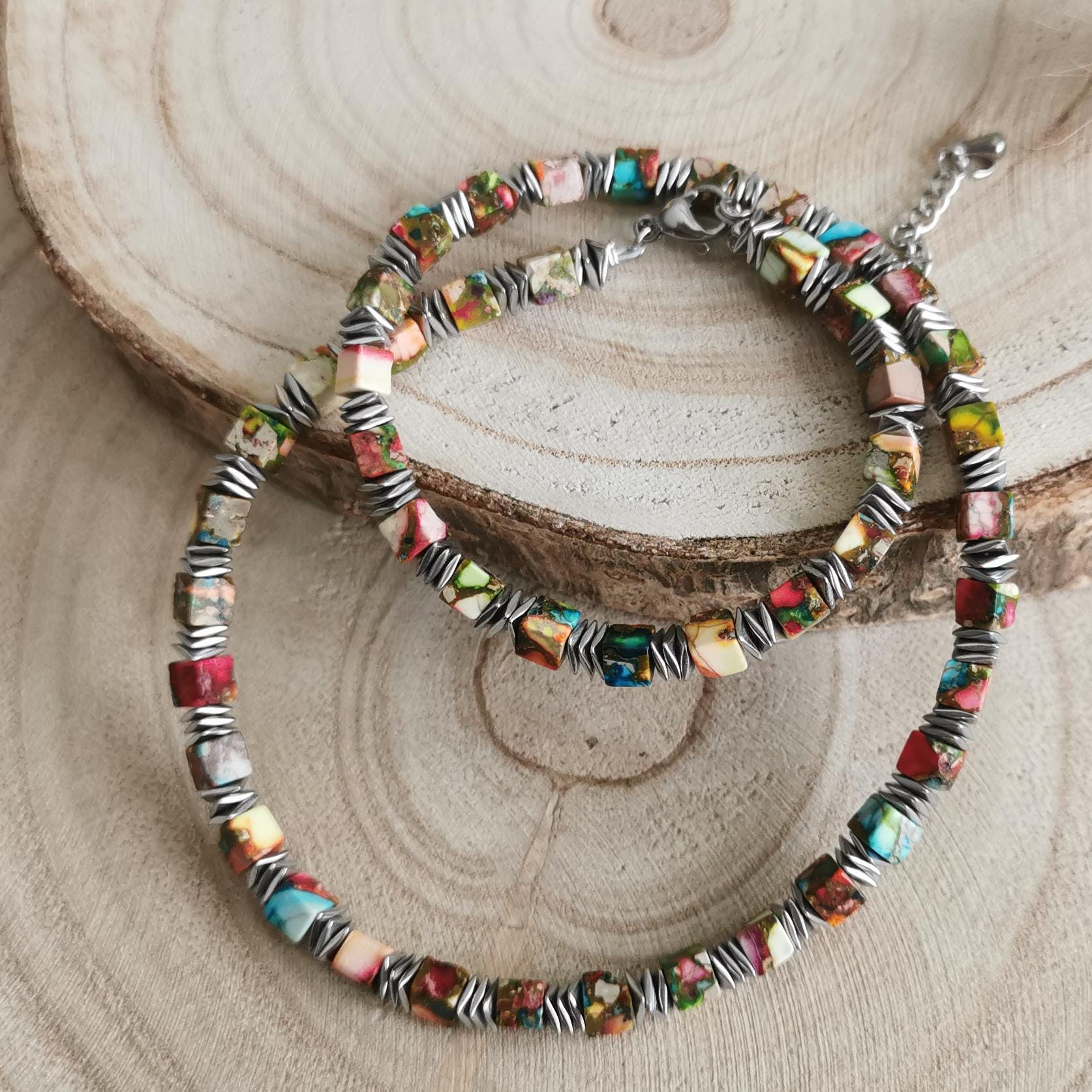 Colorful jasper cube necklace - Natural stone choker - Boho chic jewelry - Handmade gift for her