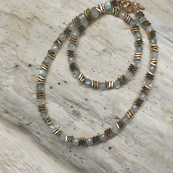 Gold-plated labradorite and hematite choker necklace, natural stones, women's gift