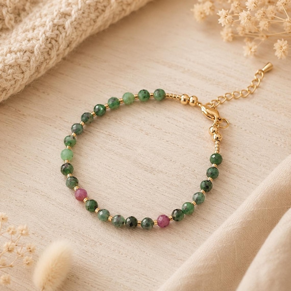 Bracelet rubis zoisite et perles plaqué or 24K, Bracelet en perles, cadeau de noël pour femme