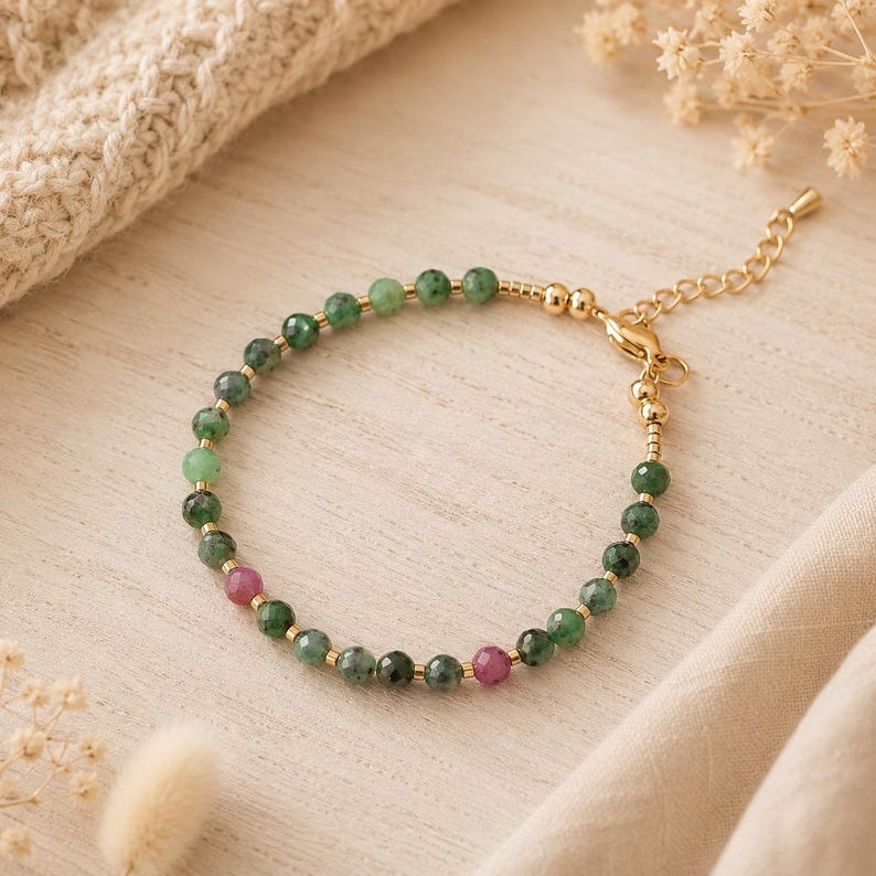 Ruby zoisite and pearl bracelet, 24K gold plated, beaded bracelet, Christmas gift for women image 1
