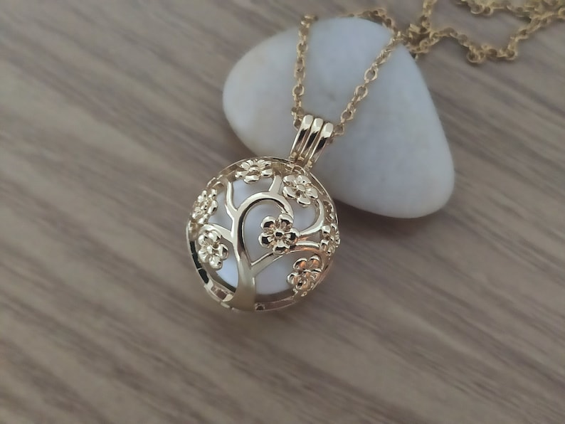 Gold pregnancy bola, Tree of life, Angel medal, Golden steel chain, Future mother gift Or