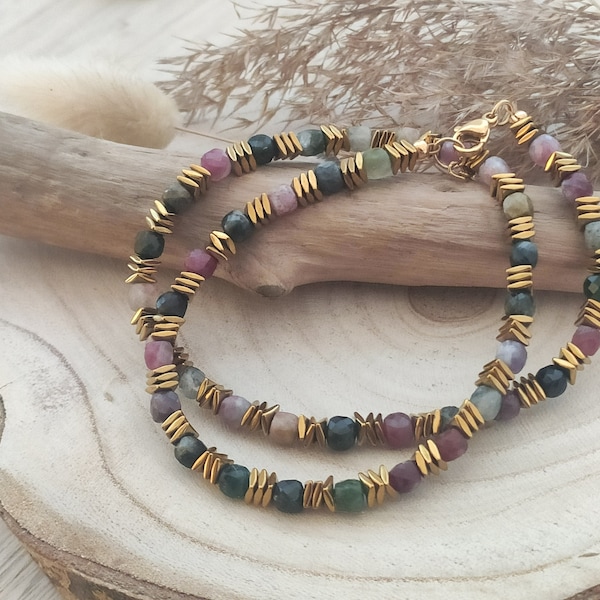 Collier perles multicolores, Tourmaline multicolore, Ras de cou perles, Collier ras de cou pierres