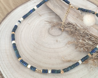 Lapis Lazuli en parelmoer ketting, lapis lazuli choker, Lapis Lazuli en goud, kralen surfer ketting