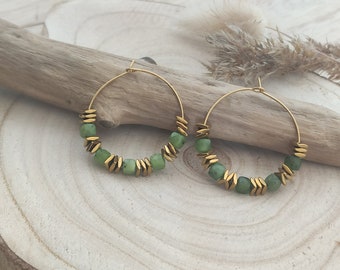Golden hoops and nephrite jade, gold-plated stainless steel, gold-plated hematites, green jade