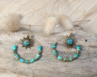 Boucles d'oreilles acier inoxydable, Créoles perle turquoise, Pierre naturelle