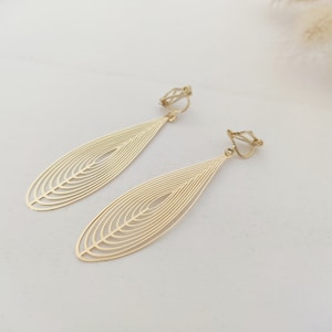 Dangling clip earrings, Long dangling drops, Gold ear clips Gold