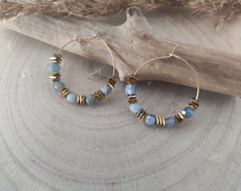 Golden hoop earrings and blue pearls, Kyanite, blue pearl earrings, stainless steel, golden hematites