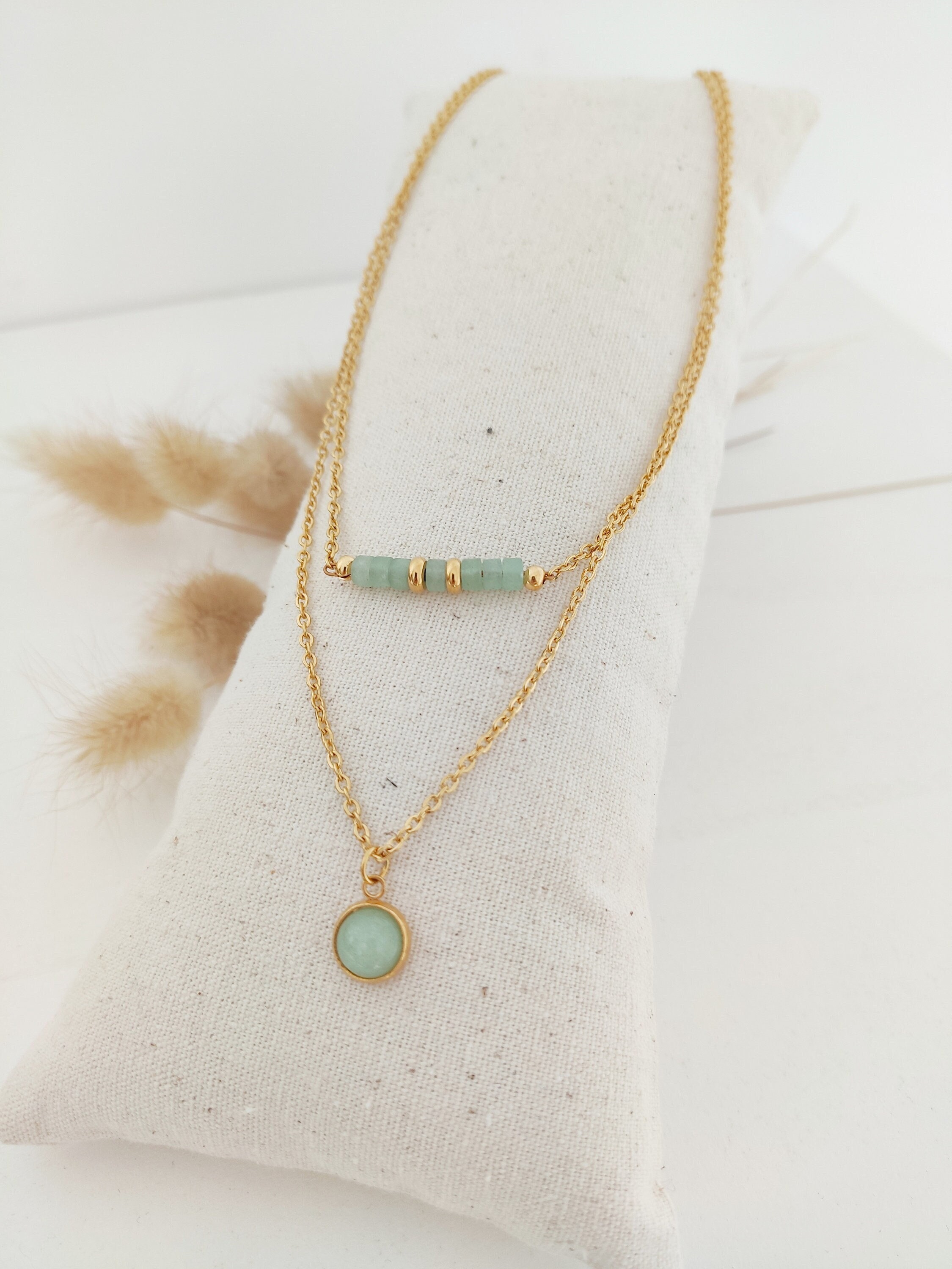 Double gold and aventurine necklace, Green aventurine stone, Gold steel necklace