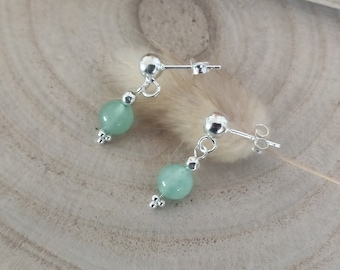 Boucles d'oreilles argent massif, Aventurine, perle verte, Pierre naturelle, Argent 925, Cadeau pour femme