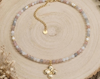 Multicolor moonstone necklace and stainless steel flower pendant