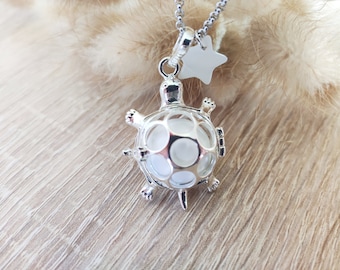 Pregnancy bola, silver turtle, mother-of-pearl star, steel chain and star