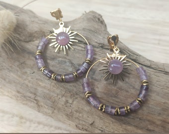 Clip-on earrings, Clip-on hoops, Amethyst, Stainless steel, Natural stone