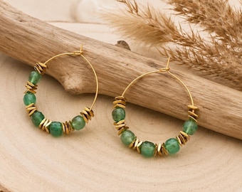 Green agate hoop earrings gold stainless steel boho chic jewelry gift for her
