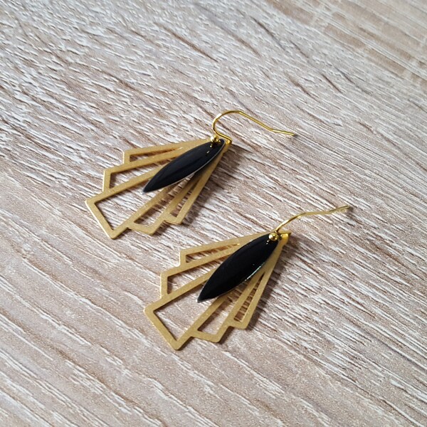 Enamel Earrings, Geometric Fan, Gold Black, Minimalist, Art deco, Geometric Earrings,