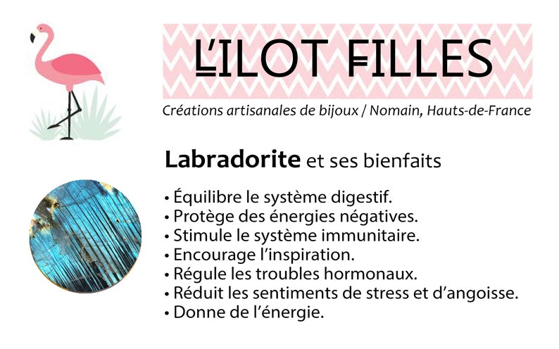 May include: A promotional graphic for L'ILOT FILLES featuring a pink flamingo illustration, the brand name, and a list of benefits for labradorite stone, including digestive balance, protection from negative energy, and immune system support.