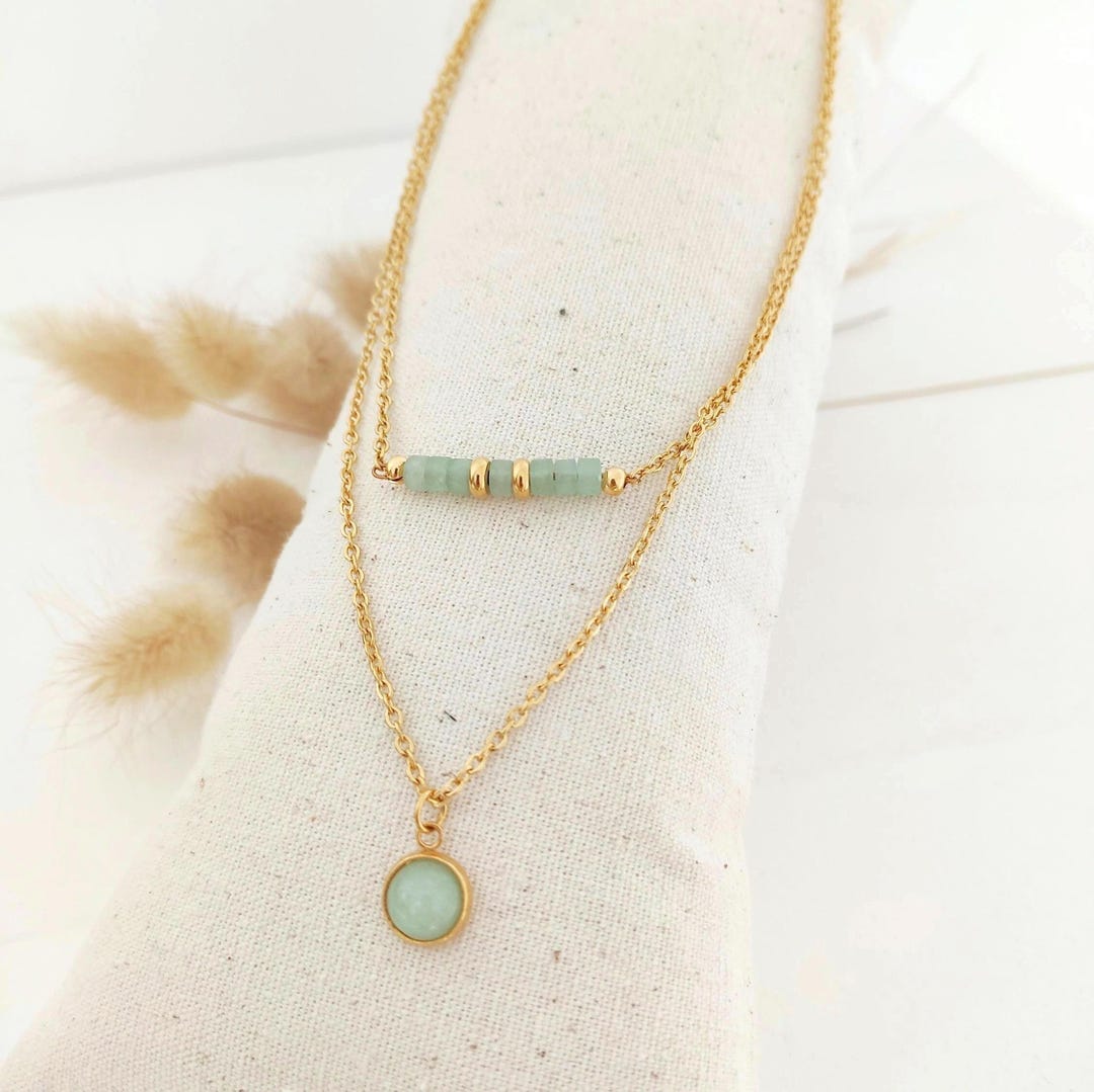 Collier double rang pierre naturelle aventurine quartz rose lapis ...