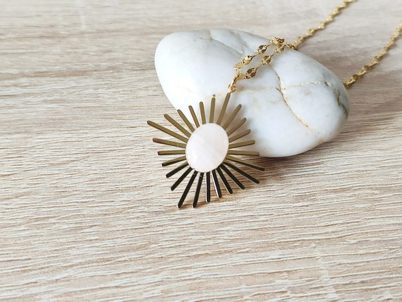 Gold necklace, pink quartz, steel sun, natural stone necklace, Mother's Day gift