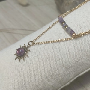Pearl and pendant necklace, Amethyst, Sun, Stainless steel, Natural stones, Double necklace, Sun necklace