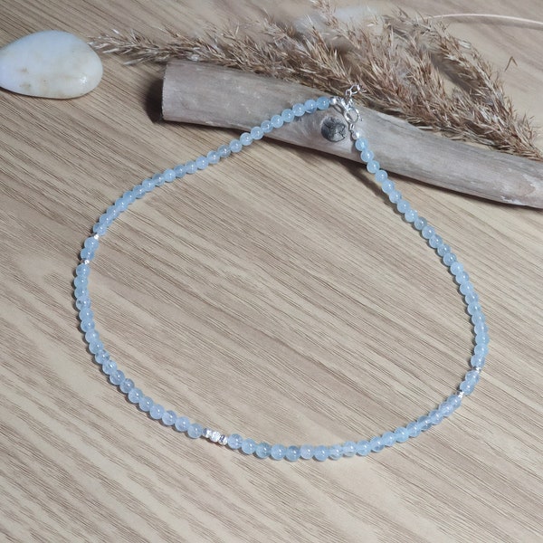 Collier aigue-marine et argent 925, Aigue-marine qualité AAA, Aquamarine choker, Ras de cou Aigue-marine, Pierre naissance mars