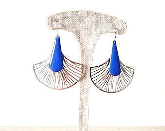 Silver and royal blue earrings, ginkgo leaf